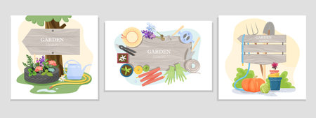 signs with the inscription garden design, with elements of garden equipmentのイラスト素材