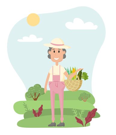 grandmother in the garden holds a basket of vegetablesのイラスト素材