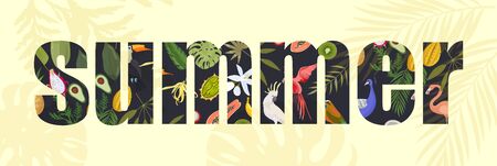 lettering, summer, letters made with images of tropical birds, fruits and leavesのイラスト素材