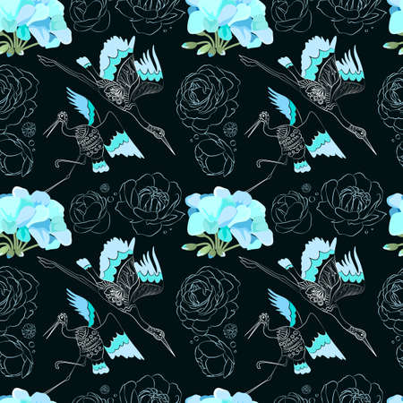 Seamless pattern with the image of a crane Doodle style and colorsのイラスト素材