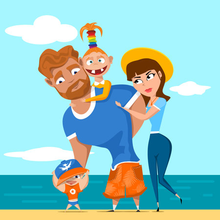 happy family. family on vacation. cute kids happy on holiday with their parents. Vector illustrationのイラスト素材