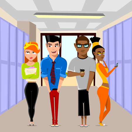 group of young people at school. funny teen. vector illustrationのイラスト素材