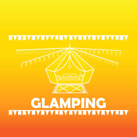 Glamping or camping with a tent icon and a light bulb in white colors, isolated bright orange background. Comfort, wifi.のイラスト素材