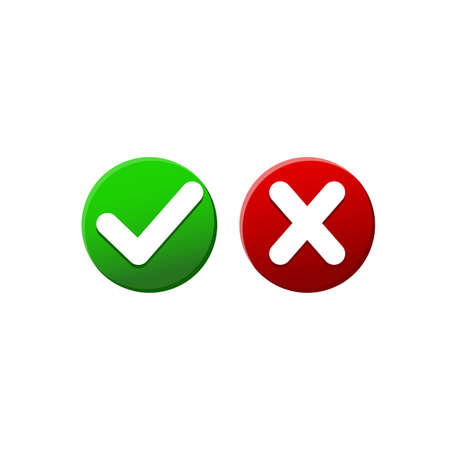 Check marks in red and green or tick, cross checkmarks flat icon on isolated white backgroundのイラスト素材