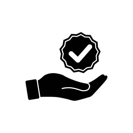 Hands holding check marks or top service, guarantee, warranty, approved icon in black or tick, cross checkmarks flat on isolated white backgroundのイラスト素材