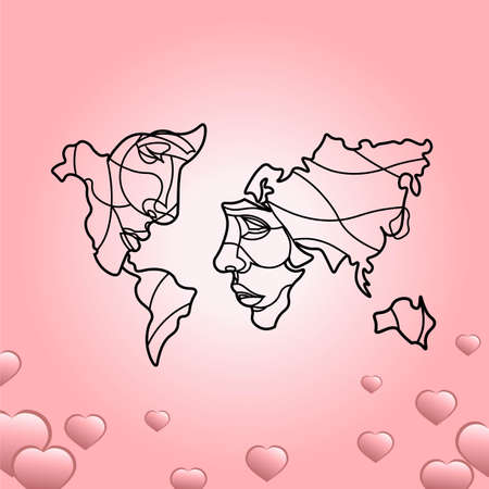 Valentine's day romantic heart with a world map or lovers' faces in pink color on an isolated background. EPS 10 vectorのイラスト素材