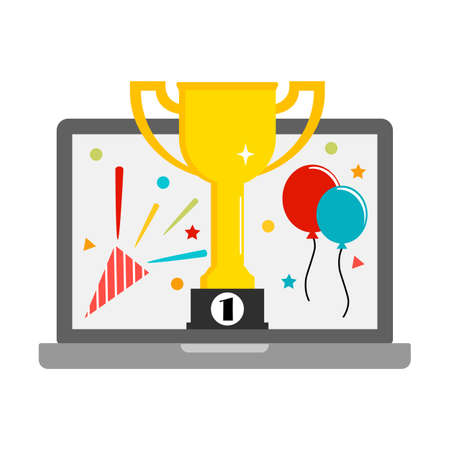 Winner of the contest or achievement of the goal of an online award, digital or electronic reward. Laptop, cup flat icon isolated background. EPS 10 vectorのイラスト素材