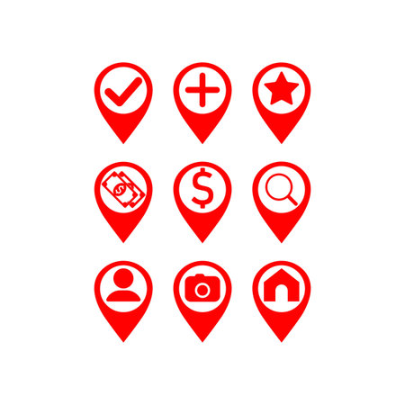 Map pointer icon set: pharmacy, store, currency exchange or geo pin, location in red or geolocation, gps, on isolated white backgroundのイラスト素材