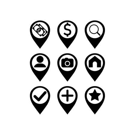 Map pointer icon set: pharmacy, store, currency exchange or geo pin, location in black or geolocation, gps, on isolated white backgroundのイラスト素材