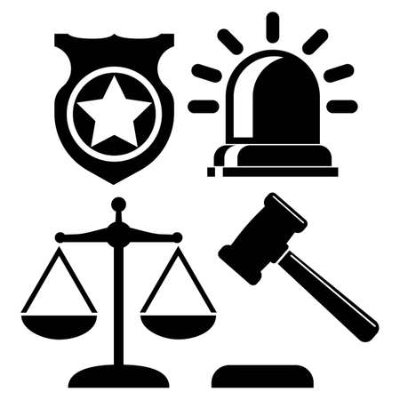 Justice, court, law order, police set icons in black color isolated on white background. EPS 10 vectorのイラスト素材