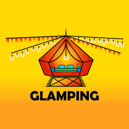 Glamping or camping with a tent icon and glowing light bulbs in bright modern colors, isolated on a bright orange background. Comfort, wifi. EPS 10 vectorのイラスト素材