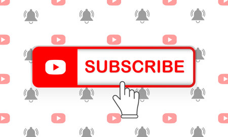 Red subscribe button with mouse pointer and notification bell and media player icon flat in modern...