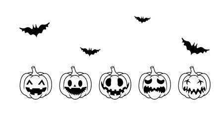 Pumpkins for Halloween icon set in black or pumpkin face isolated on white background. Collection of silhouette spooky images. Vector EPS 10.のイラスト素材