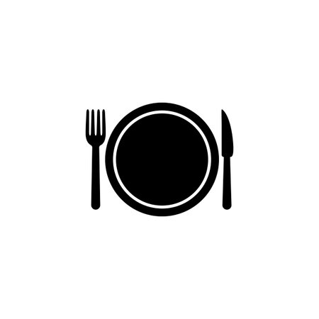 Plate fork knife icon in black simple design on an isolated background. EPS 10 vector.のイラスト素材