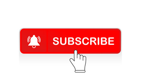 Red subscribe button with mouse pointer and notification bell icon flat in modern colour design...