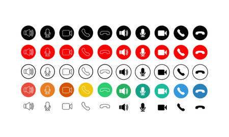 Set of communication icons button. Phone, sound, microphone, camera, call symbols on isolated white...
