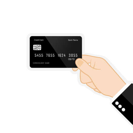 Hand holding credit card icon flat on isolated background.のイラスト素材