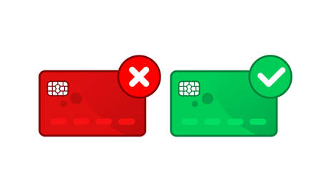 Credit cards with approved and rejected. Transaction symbol. Bank card icon flat on isolated white background. EPS 10 vector. Transaction symbol.のイラスト素材