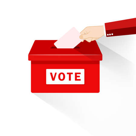 Hand putting paper in the ballot box. Voting concept in flat style on an isolated background. EPS 10 vectorのイラスト素材