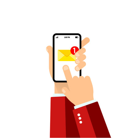 Hand holds a mobile phone on the screen envelope. New email notification on mobile phone. Smartphone...