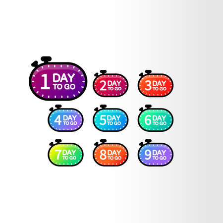 1,2,3,4,5,6,7,8,9 days to go. Icon set flat on an isolated white background.のイラスト素材
