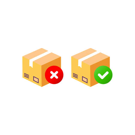 Delivery box, tracking order icon. Cardboard boxes with wrong and right check marks. Parcel, package on isolated background. Eps 10 vectorのイラスト素材