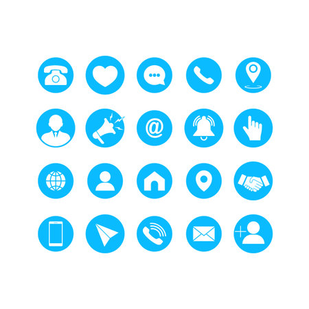 Communication icons set. Symbols of telephone, mobile phone, retro telephone, location, mail and website on an isolated background for applications, web, app. EPS 10 vector.のイラスト素材
