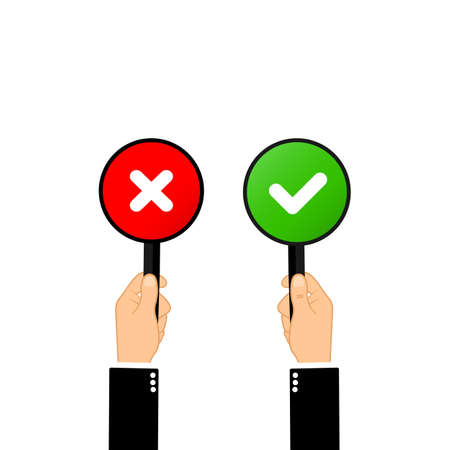 Businessman hand holds signboard check mark, cross icon flat for banners on isolated background. Eps 10 vector. Business concept.のイラスト素材