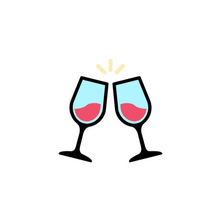 Glass cups cheers. Wine icon flat. Love stories symbol. Valentines day conceptのイラスト素材