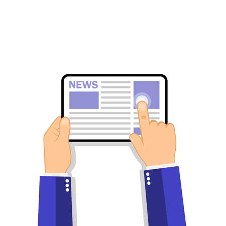 Hands holding tablet computer with news icon on the screen.. Flat design concept on isolated background. Eps 10 vector. Business concept.のイラスト素材