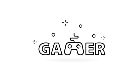 Gamer text with black controller. Icon line. Vector on isolated white background.