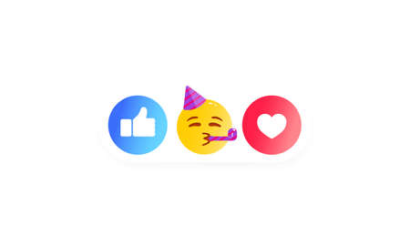 Thumbs up and heart label with cartoon smile. Set of social icons. Vector on isolated white background.   Laugh, wonder, sad, and angry head emoticons.のイラスト素材