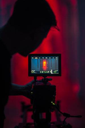 Video recording process. Operator is filming young man on a professional camera