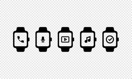 Smart icon watch with telephone, audio message, game, music and time sign. Sport activity fitness gadget. Vector on isolated transparent background.のイラスト素材