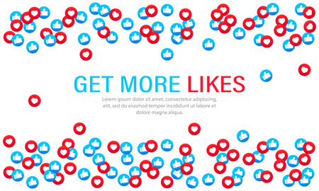 Get more likes banner. Blue and red hearts. Social network. Vector on isolated white background.