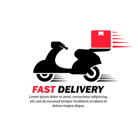 Express delivery  icon. Bike with box. Scooter. Motorcycle. Vector on isolated white background.のイラスト素材