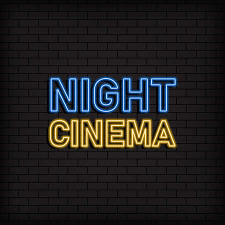 Night cinema neon icon. Cinema and entertainment concept, advertisement design. Night bright neon sign, colorful billboard, light banner. Vector on isolated black background.のイラスト素材