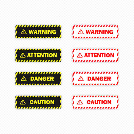 Warning, attention, danger and caution button set. Vector on transparent isolated background.のイラスト素材