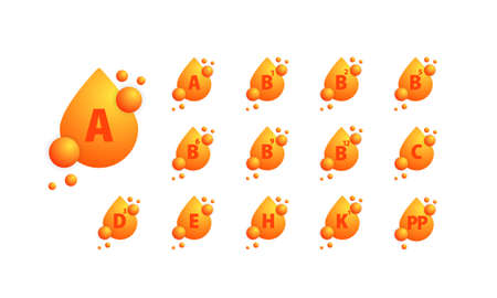 Vitamin icons set. Organic vitamin gold drop. Vitamin A B1 B2 B12 C D3 EH K1 PP. Vitamins group set. Nutrition sign vector concept.のイラスト素材