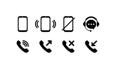 Calling phone icon set in black. Incoming, outcoming, decline and missed call. Vector on isolated white background.のイラスト素材