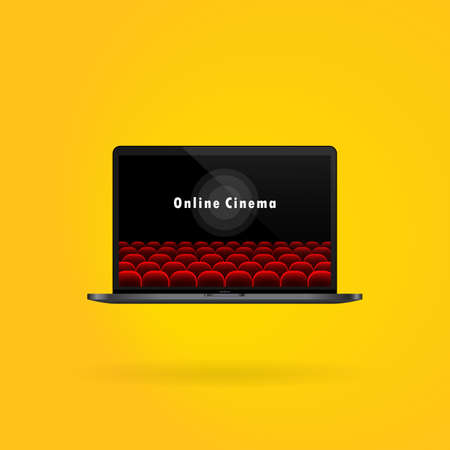 Online cinema banner. Online service. Watching movie on laptop. Vector on isolated background.のイラスト素材