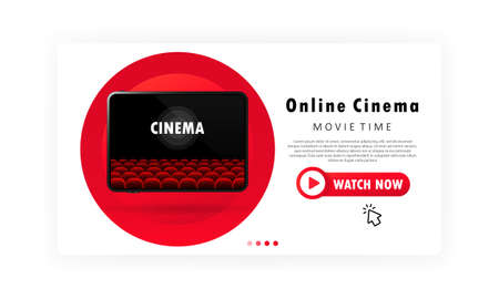 Online cinema banner. Movie time concept. Watch film on the tablet. Vector on isolated white background.のイラスト素材