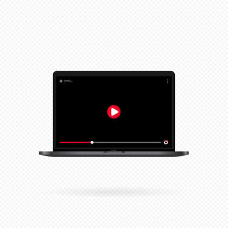 Laptop with video player on screen. Video content, blogging. Social media concept. Mockup video channel. Vector on isolated white background. EPS 10のイラスト素材