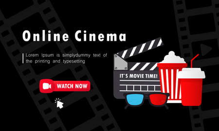Online cinema banner. Watch now button. Movie watching with popcorn, 3d glasses and film-strip cinematography concept. Vector on isolated background.のイラスト素材