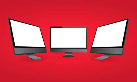 Realistic computer monitor in front and side view. Metal desktop mockup with white screen. Template of computer in space gray color. Vector on isolated backgroundのイラスト素材