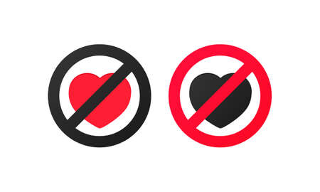 No love sign. Vector illustration of red crossed out circular prohibited sign with heart icon inside. Lack of love pictogram. Vector on isolated white backgroundのイラスト素材