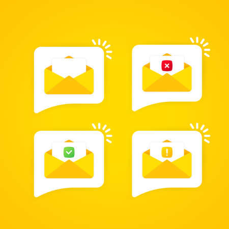 Opened envelope and document with check mark, cross mark and exclamation mark. Vector on isolated backgroundのイラスト素材