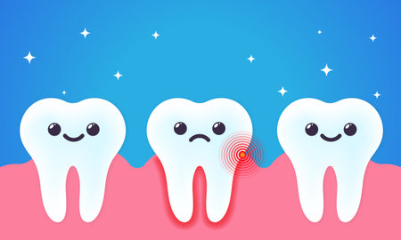 Toothache illustration. Tooth decay. Bad unhealthy and healthy teeth. Dental care concept. Vector on...