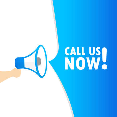 Hand holding megaphone with call us now message. Loudspeaker. Banner for business, marketing and advertising. Vector on isolated background. EPS 10.のイラスト素材
