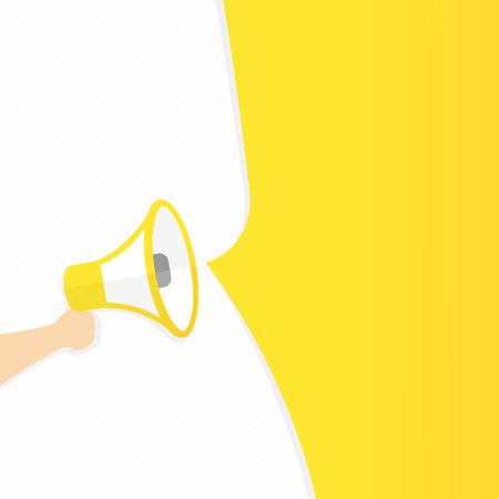 Hand holding megaphone with empty blank for your message. Announcement. Loudspeaker. Banner for business, marketing and advertising. Vector on isolated background. EPS 10.のイラスト素材